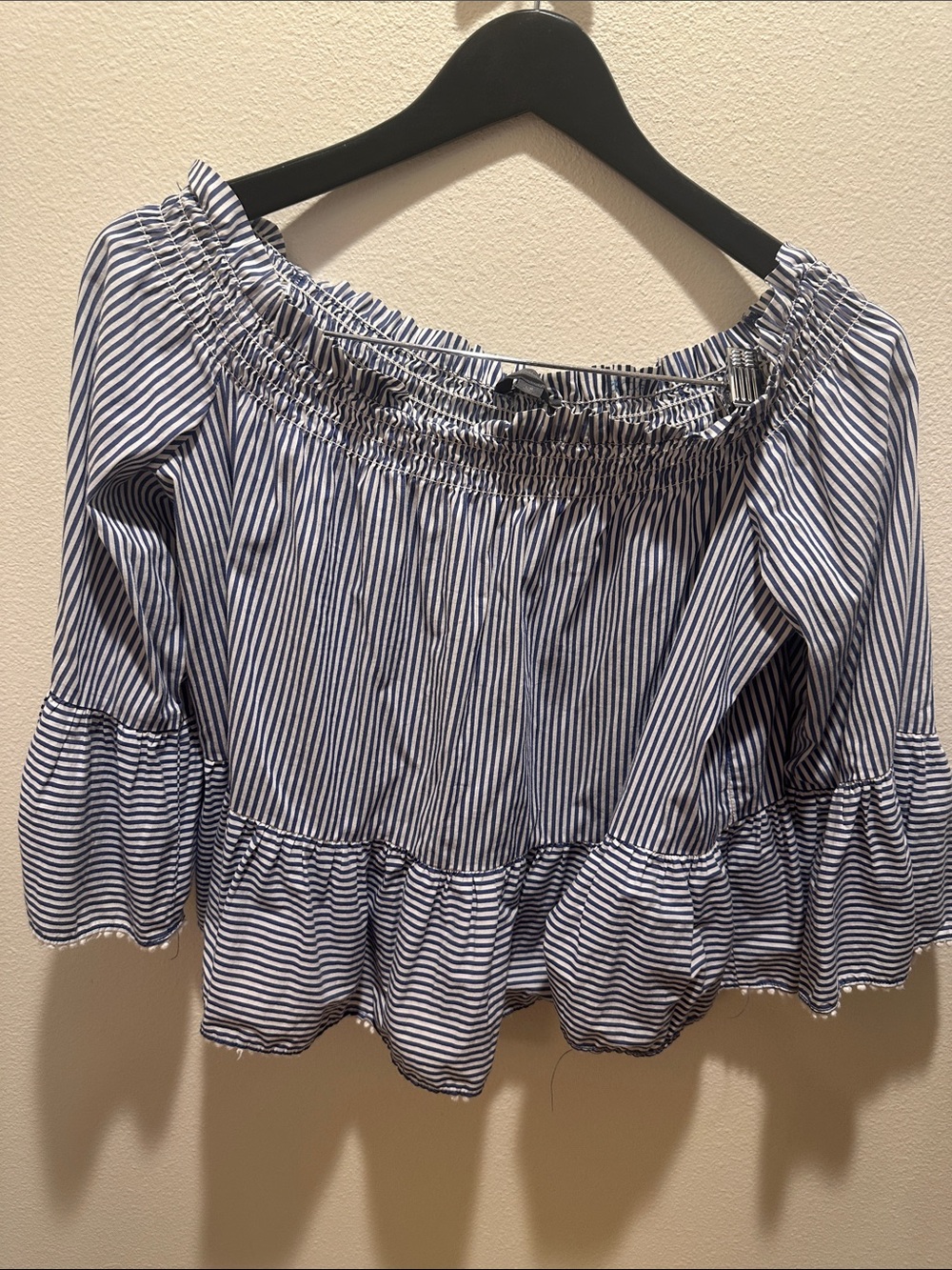 Striped Off-Shoulder Peasant Blouse - Blue/White